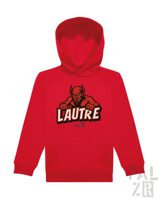 Roter Hoodie mit Teufel-Design und ‚lautre‘-Text, wahrscheinlich aus Baumwolle oder Polyester-Mischung.
