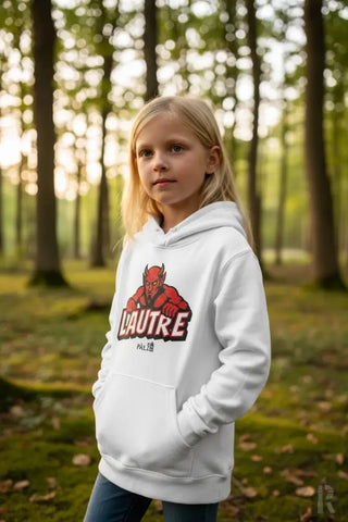 Weiße Kapuzenjacke mit rotem Teufel-Design und ’lautre’-Text.