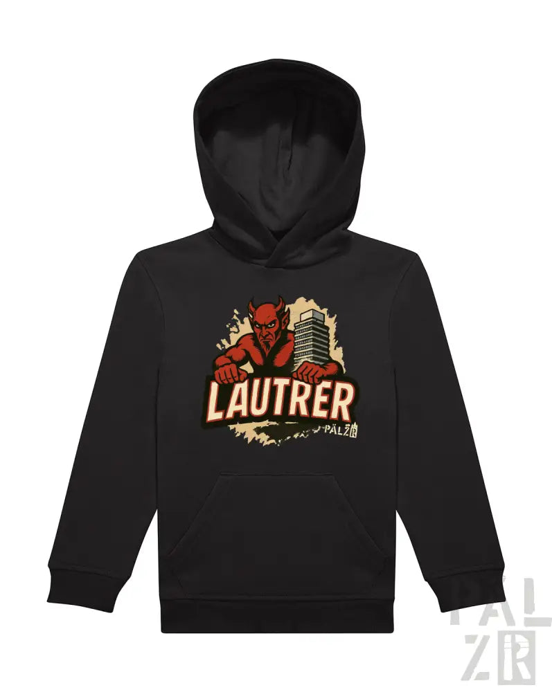 Schwarzer Hoodie mit ’lautrer’ Grafikdesign, das eine Illustration eines roten Teufels zeigt.