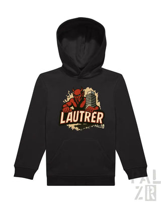 Schwarzer Hoodie mit ’lautrer’ Grafikdesign, das eine Illustration eines roten Teufels zeigt.