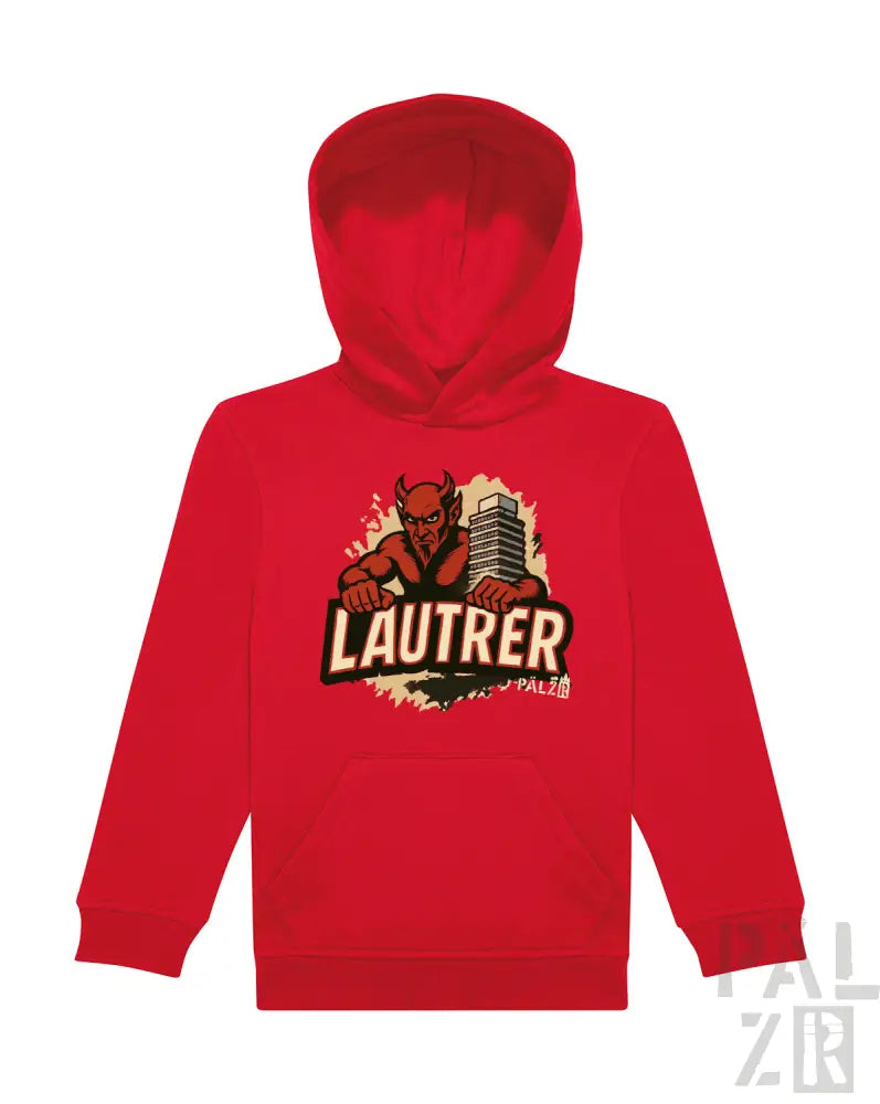 Rotes Hoodie mit ’lautrer’ Grafikdesign, das eine Teufel-Figur zeigt.