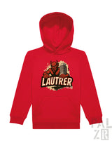 Rotes Hoodie mit ’lautrer’ Grafikdesign, das eine Teufel-Figur zeigt.