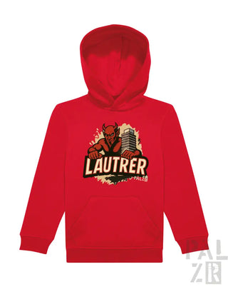 Rotes Hoodie mit ’lautrer’ Grafikdesign, das eine Teufel-Figur zeigt.