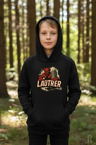 Schwarzer Hoodie mit ’lautrer’ Grafikdesign, Material eines Kapuzen-Sweatshirts.
