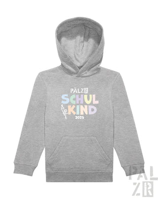 Grauer Hoodie mit farbenfrohem ’Schulkind 2015’ Textdesign und Kapuze.