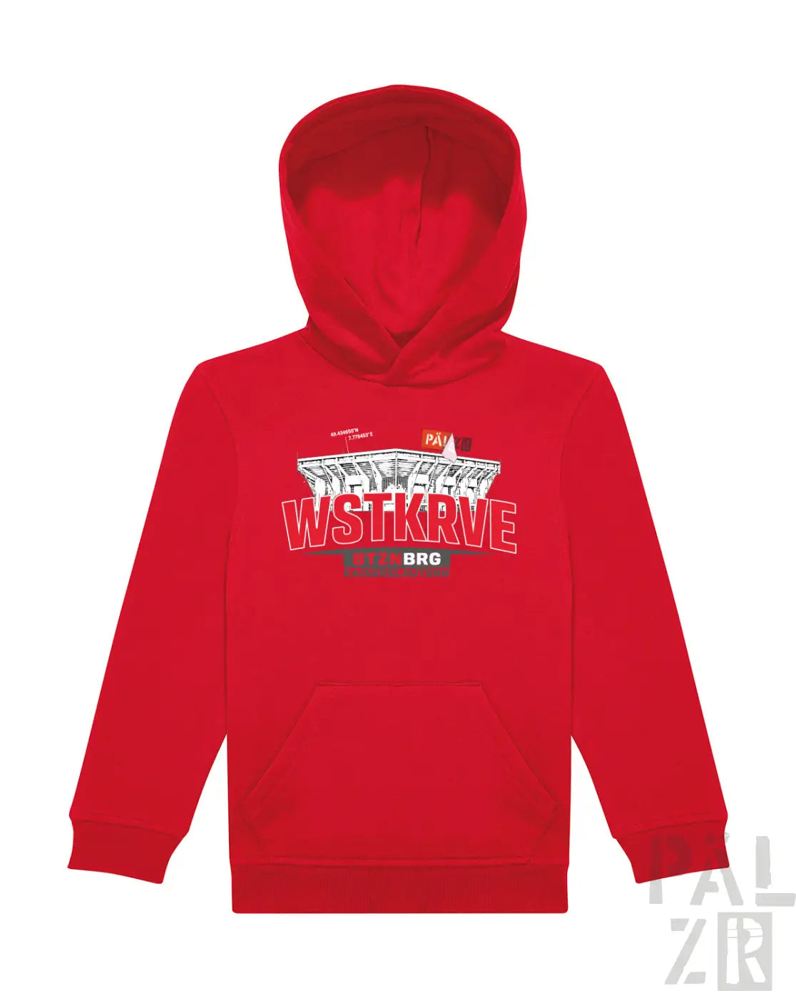 Roter kinderhoodie mit weißem wstkrv grafikdruck und architektonischem design von paelzr in verschiedenen farben