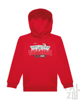 Roter kinderhoodie mit weißem wstkrv grafikdruck und architektonischem design von paelzr in verschiedenen farben