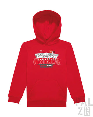 Roter kinderhoodie mit weißem wstkrv grafikdruck und architektonischem design von paelzr in verschiedenen farben