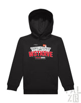 Schwarzer kinder hoodie paelzr mit auffälligem rotem und weißem wstkrve grafikdruck und architekturdesign