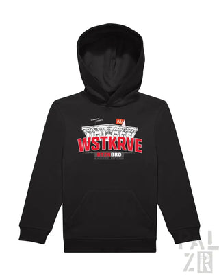 Schwarzer kinder hoodie paelzr mit auffälligem rotem und weißem wstkrve grafikdruck und architekturdesign