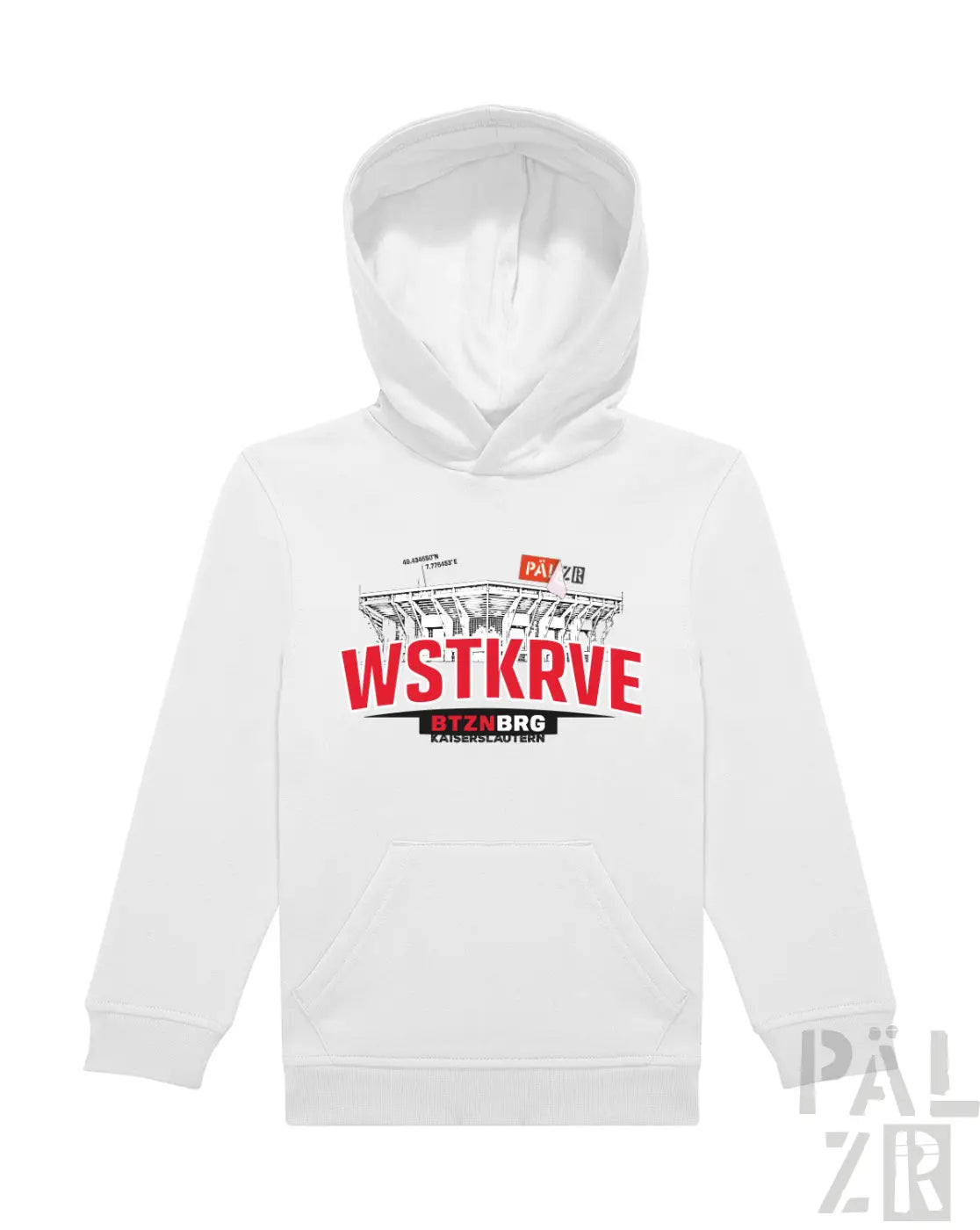 Weißer paelzr kinder hoodie mit kapuze und großem rot-schwarzem stadion-print vorne verschiedene farben