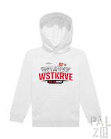 Weißer paelzr kinder hoodie mit kapuze und großem rot-schwarzem stadion-print vorne verschiedene farben
