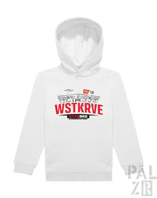 Weißer paelzr kinder hoodie mit kapuze und großem rot-schwarzem stadion-print vorne verschiedene farben