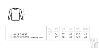 Pullover-Größentabelle mit Maßen für halbe Brustweite und Körperlänge vom Halsausschnitt