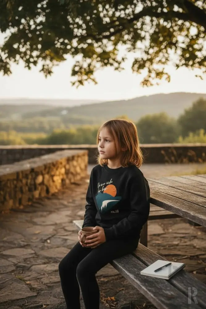 Schwarzes Langarm-Sweatshirt mit farbenfrohem Sonnenuntergangs- und Berg-Grafikdesign