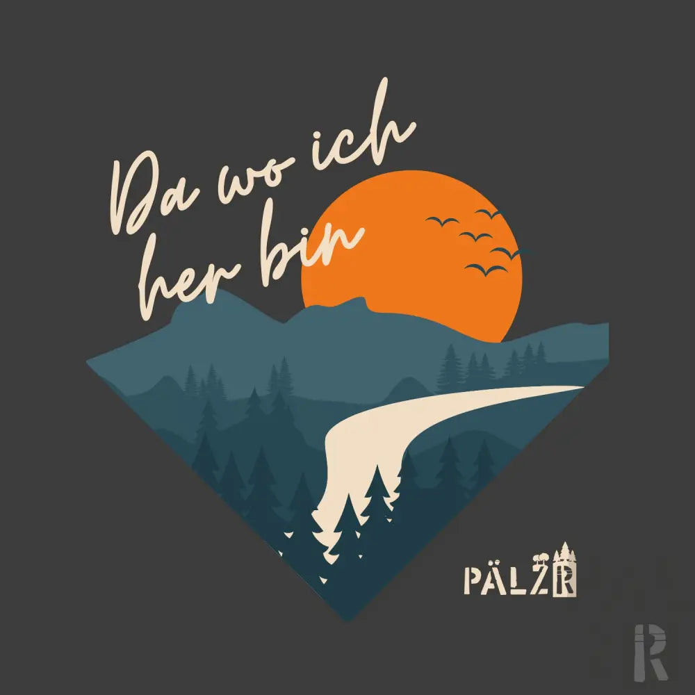 Ein stilisiertes Grafik-T-Shirt mit einer dreieckigen Berglandschaft, einer orangenen Sonne, fliegenden Vögeln und dem deutschen Satz „da wo ich her bin“ gedruckt oben.