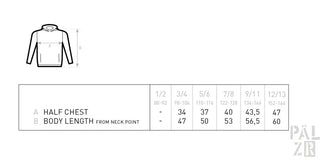 Kapuzenpullover mit Größentabelle, die Maße für halbe Brustbreite und Körperlänge vom Halsansatz zeigt