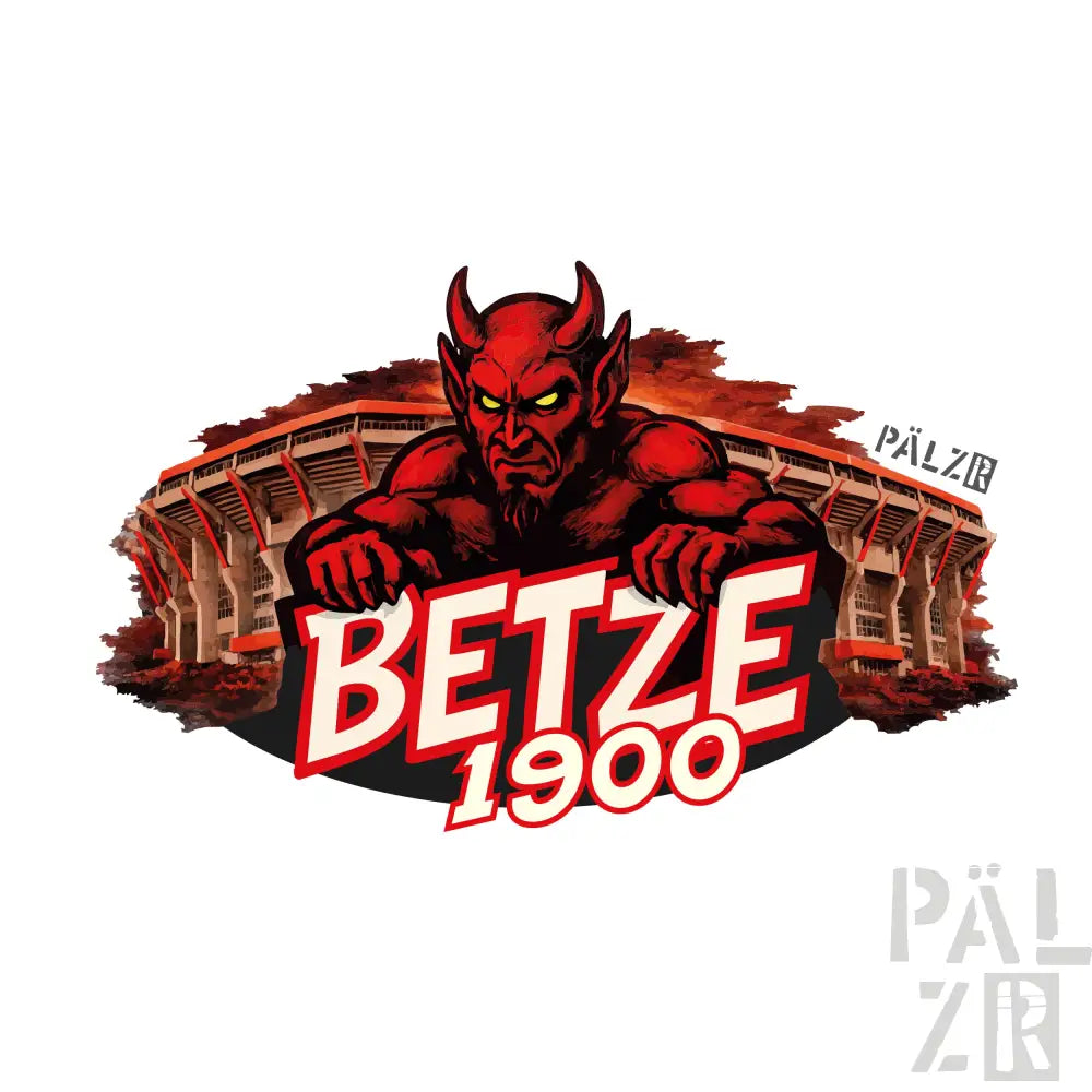 Rotes Teufel-Maskottchen-Logo mit Text „betze 1900“ und Stadion-Hintergrund.