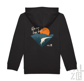 Schwarzer Hoodie mit einem Grafikdesign, das eine orange Sonne und eine weiße Welle auf einem türkisfarbenen Hintergrund zeigt, mit der Marke „palis“ in kleiner Schrift darunter.