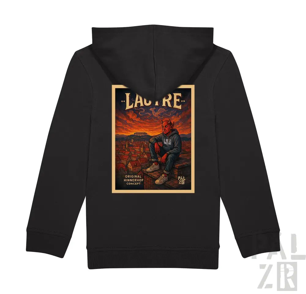 Schwarze Kapuzenjacke mit Reißverschluss und grafischem Design einer Wüstenlandschaft sowie dem Text ’lacure’ in Weiß.