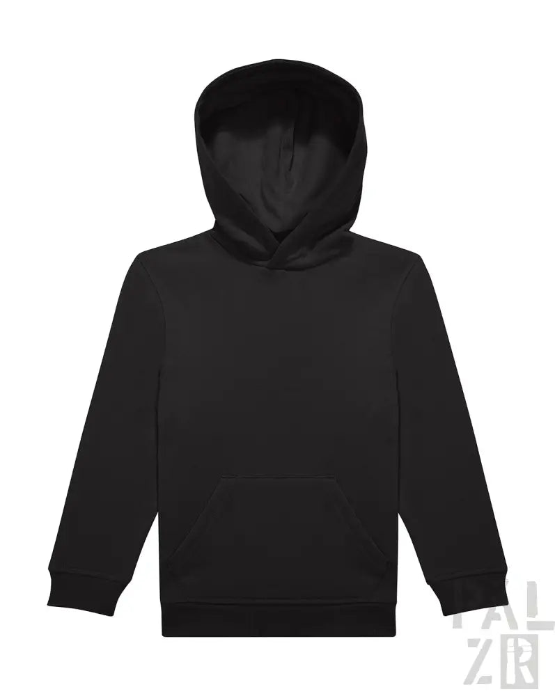 Schwarzer Hoodie mit Kapuze und langen Ärmeln, aus Fleece-Material.