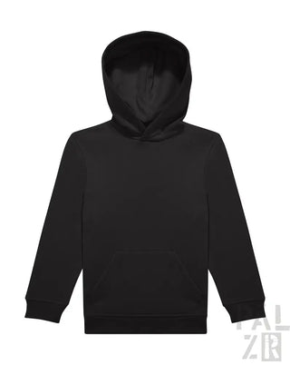 Schwarzer Hoodie mit Kapuze und langen Ärmeln, aus Fleece-Material.