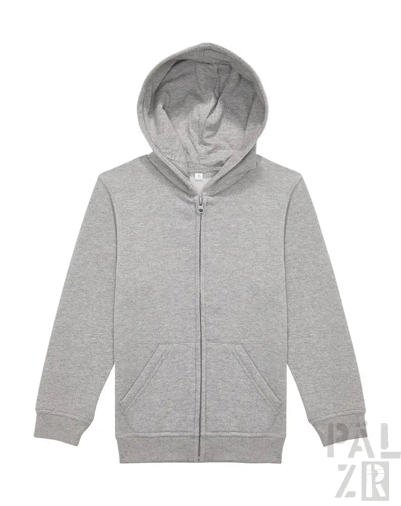 Hellgrauer Kapuzenpulli mit Reißverschluss, Kapuze und Taschen.