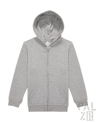 Hellgrauer Kapuzenpulli mit Reißverschluss, Kapuze und Taschen.