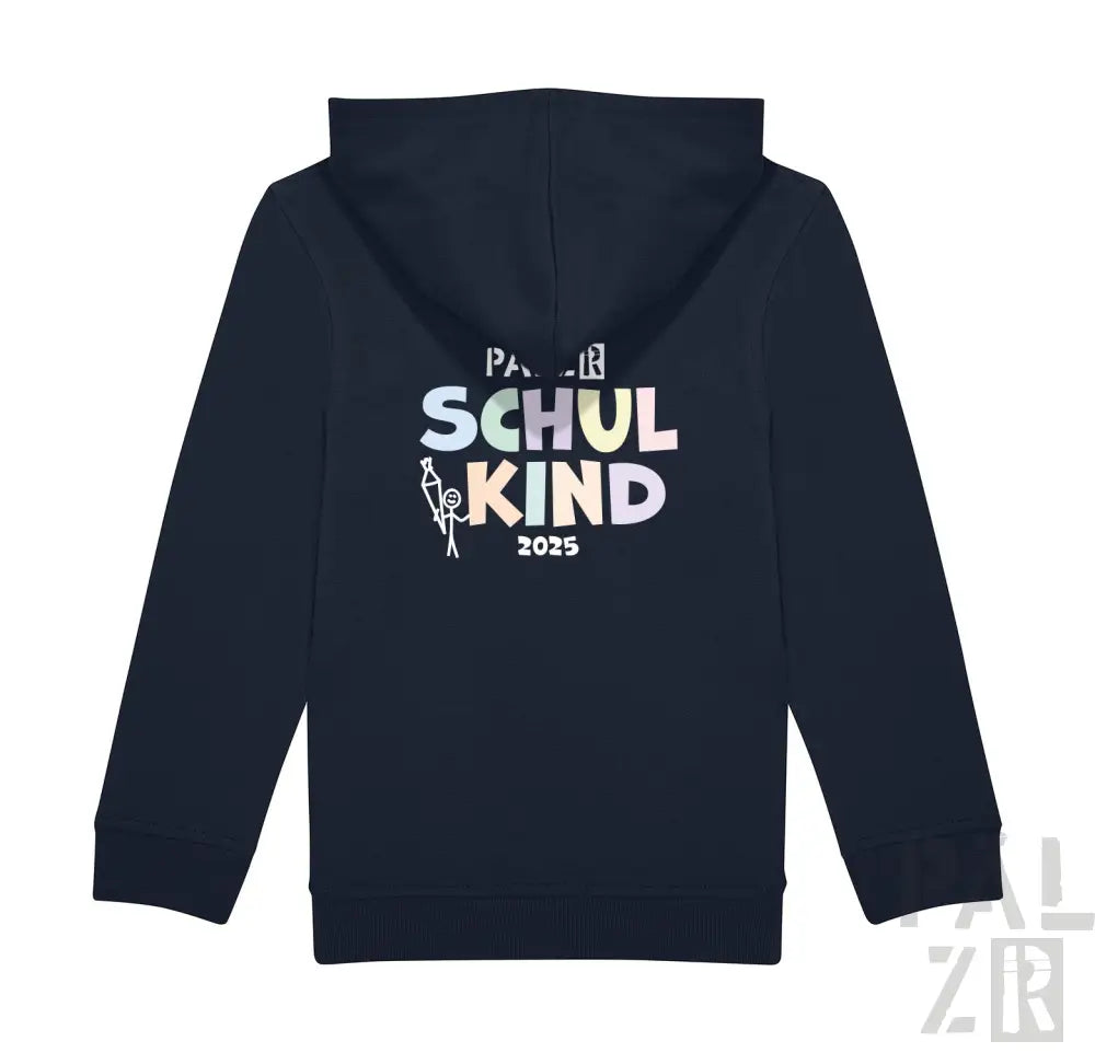 Marineblaue Kapuzenjacke mit Reißverschluss, bedruckt mit dem Text „paulr schulkind 2025“ und Grafikdesign.