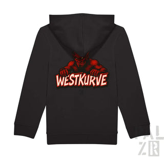 Schwarze Kapuzenjacke mit Reißverschluss, rotem Teufel-Design und Text ’westkurve’.