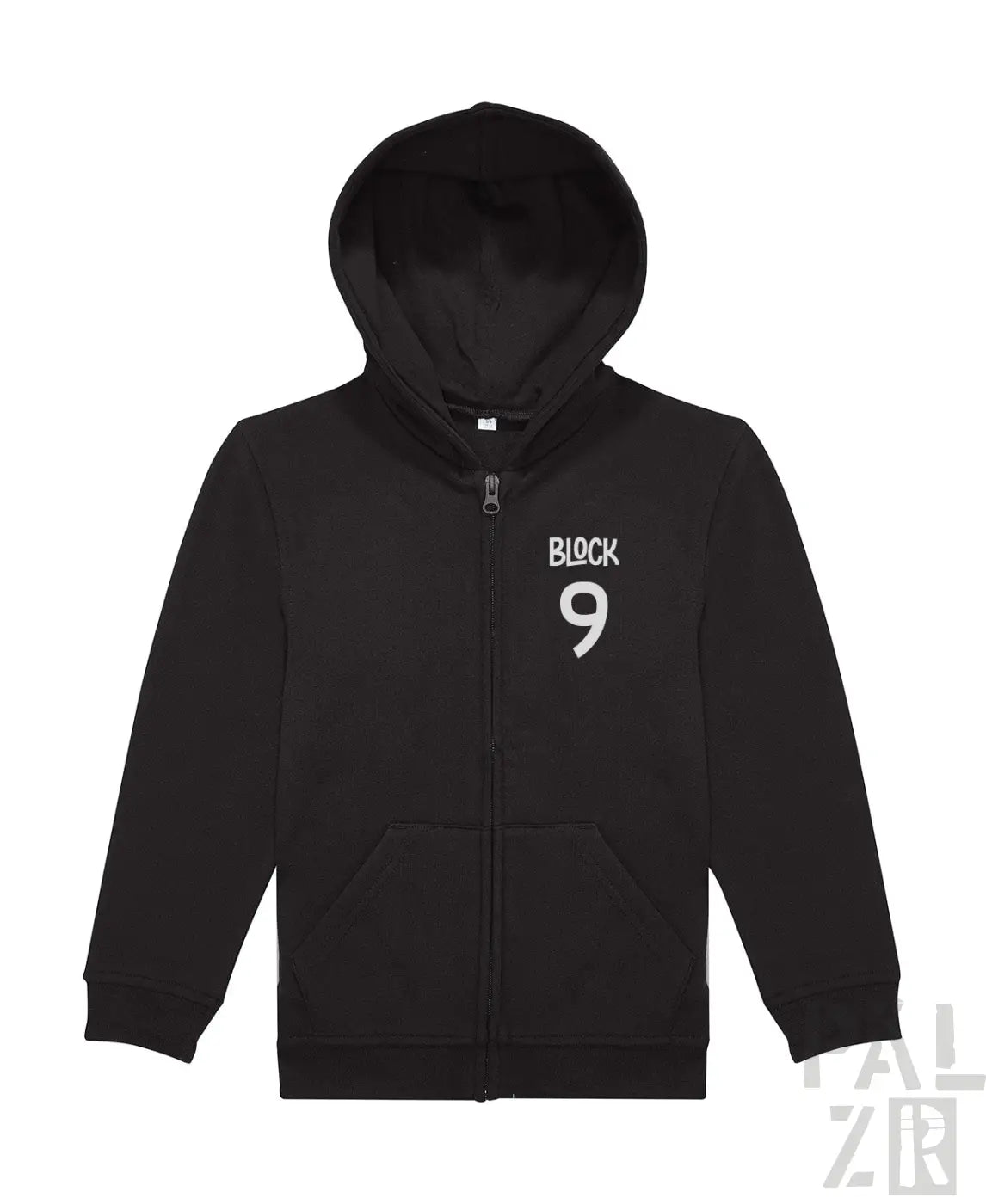 Schwarze Kapuzenjacke mit Reißverschluss und „Block 9“-Design auf der Vorderseite.