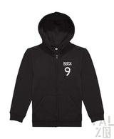 Schwarze Kapuzenjacke mit Reißverschluss und „Block 9“-Design auf der Vorderseite.