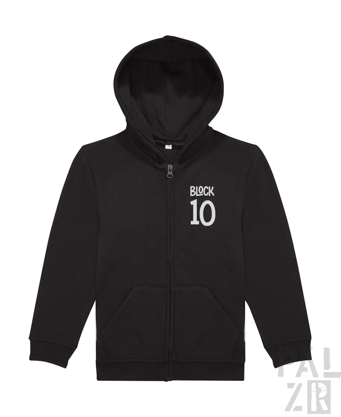 Schwarze Kapuzenjacke mit Reißverschluss und „Block 10“-Text auf der Brust.