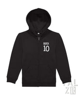 Schwarze Kapuzenjacke mit Reißverschluss und „Block 10“-Text auf der Brust.