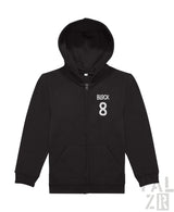 Schwarze Kapuzenjacke mit Reißverschluss und Text „black 8“ auf der Vorderseite, aus Kapuzenschweißshirt-Material.