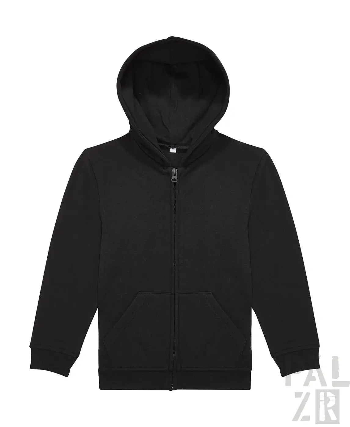 Schwarze Kapuzenjacke mit Kapuze und langen Ärmeln, aus Baumwolle oder Polyester-Mischung.