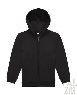 Schwarze Kapuzenjacke mit Kapuze und langen Ärmeln, aus Baumwolle oder Polyester-Mischung.