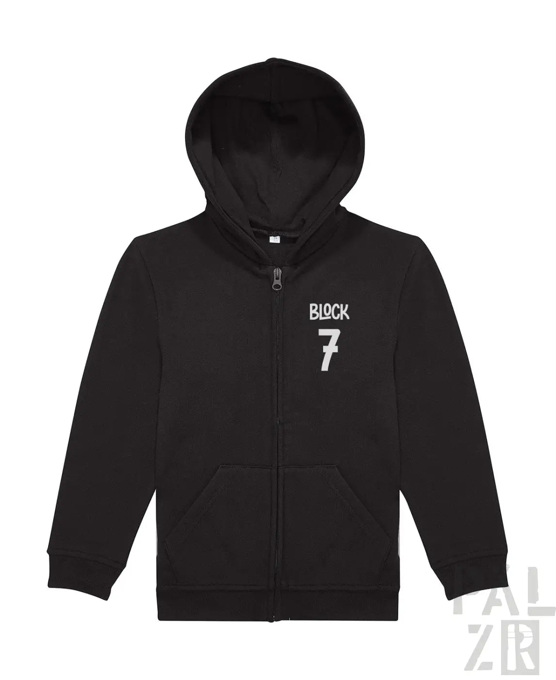 Schwarzes Reißverschluss-Hoodie mit ’Black 7’-Text auf der Brust.