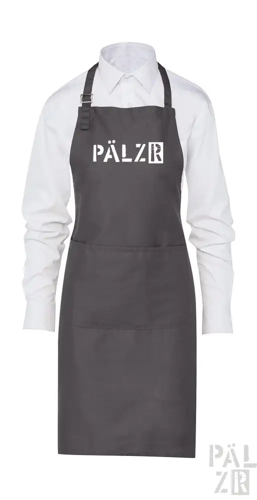 Kohle-Schürze mit weißem ’pälzr’ Logo und verstellbaren Trägern.