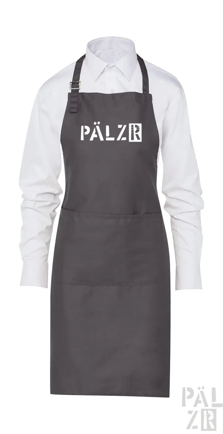 Kohle-Schürze mit weißem ’pälzr’ Logo und verstellbaren Trägern.