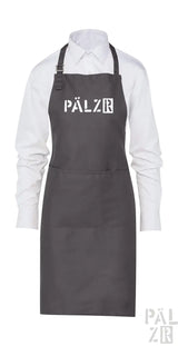 Kohle-Schürze mit weißem ’pälzr’ Logo und verstellbaren Trägern.