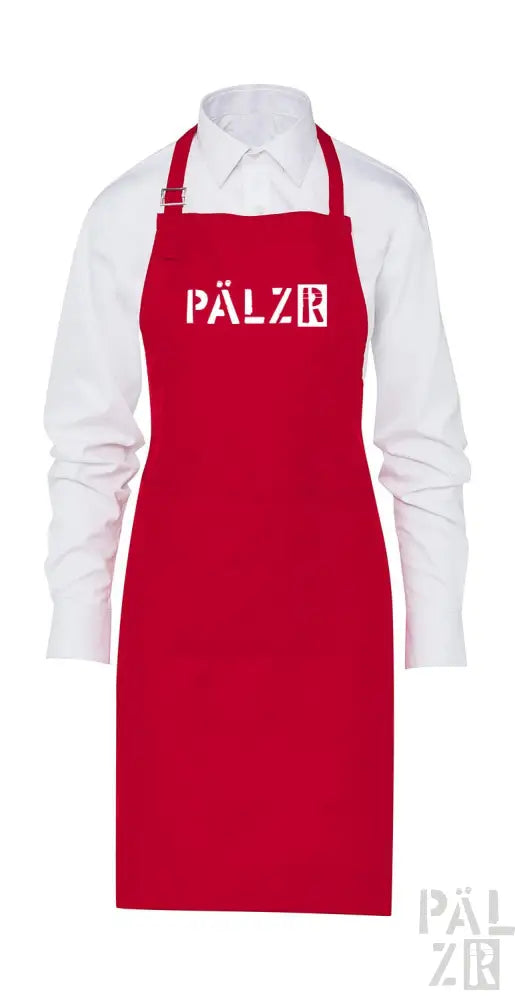 Roter Schurz mit ‚pälzr‘-Logo, wahrscheinlich aus Baumwolle oder Polyester-Mischung gefertigt.