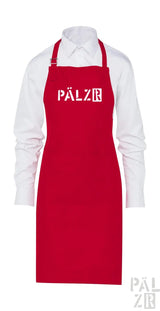 Roter Schurz mit ‚pälzr‘-Logo, wahrscheinlich aus Baumwolle oder Polyester-Mischung gefertigt.