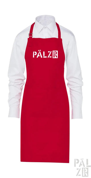 Roter Schurz mit ‚pälzr‘-Logo, wahrscheinlich aus Baumwolle oder Polyester-Mischung gefertigt.