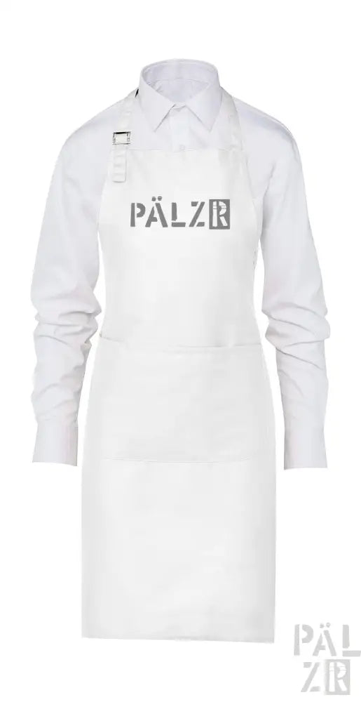 Weißer Laborkittel mit ’pälzr’-Logo und Taschen-Detail.