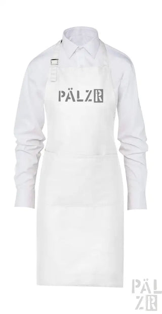 Weißer Laborkittel mit ’pälzr’-Logo und Taschen-Detail.