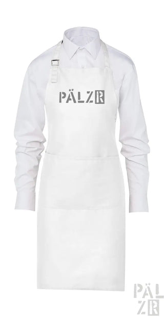 Weißer Laborkittel mit ’pälzr’-Logo und Taschen-Detail.