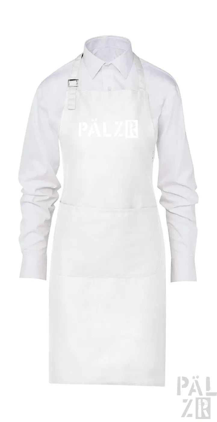 Weiße Schürze mit ’gewaschen’-Textdesign, wahrscheinlich aus Baumwolle oder Polyester-Mischung.