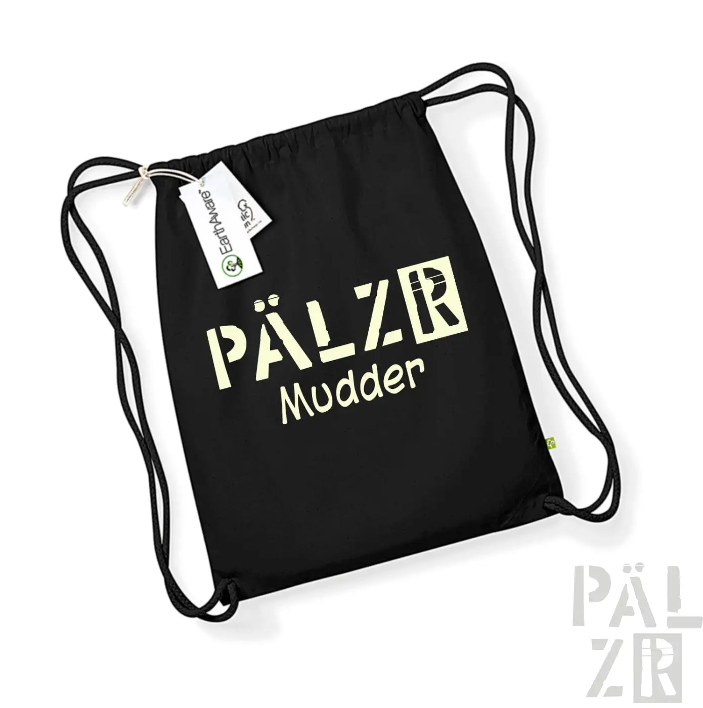 Schwarzer Rucksack mit Kordelzug und Text ’pälzr mudder’ sowie Logo-Design.