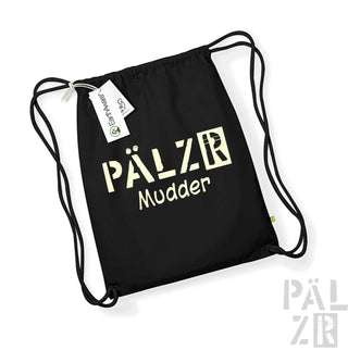 Schwarzer Rucksack mit Kordelzug und Text ’pälzr mudder’ sowie Logo-Design.